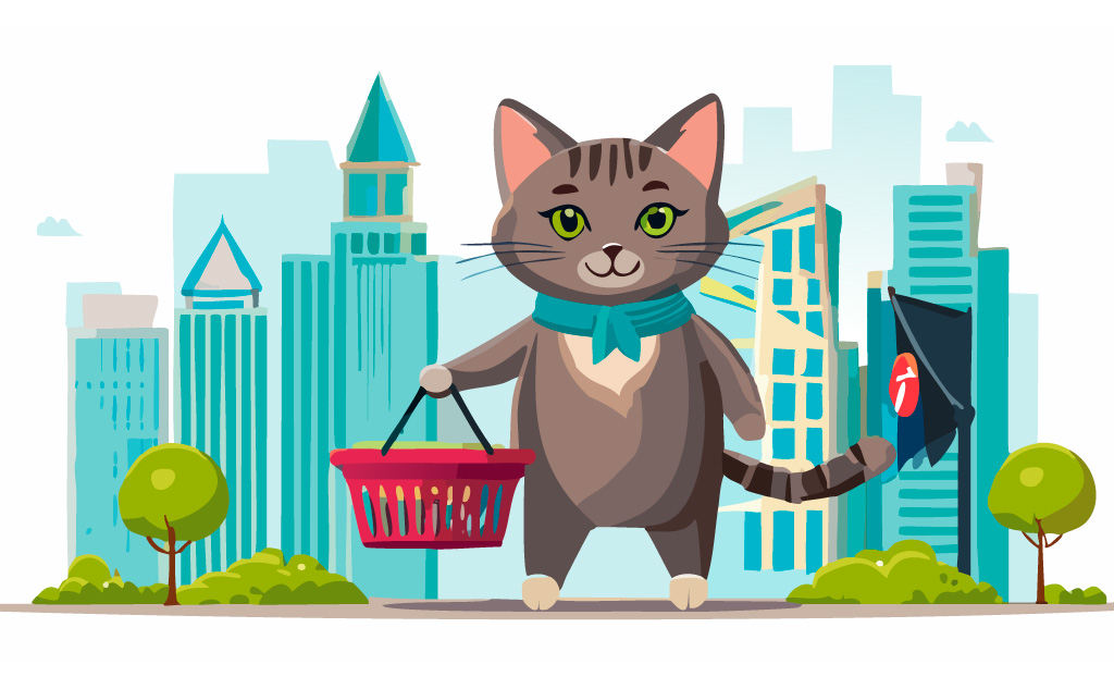 買い物かごを持った猫が街を歩く